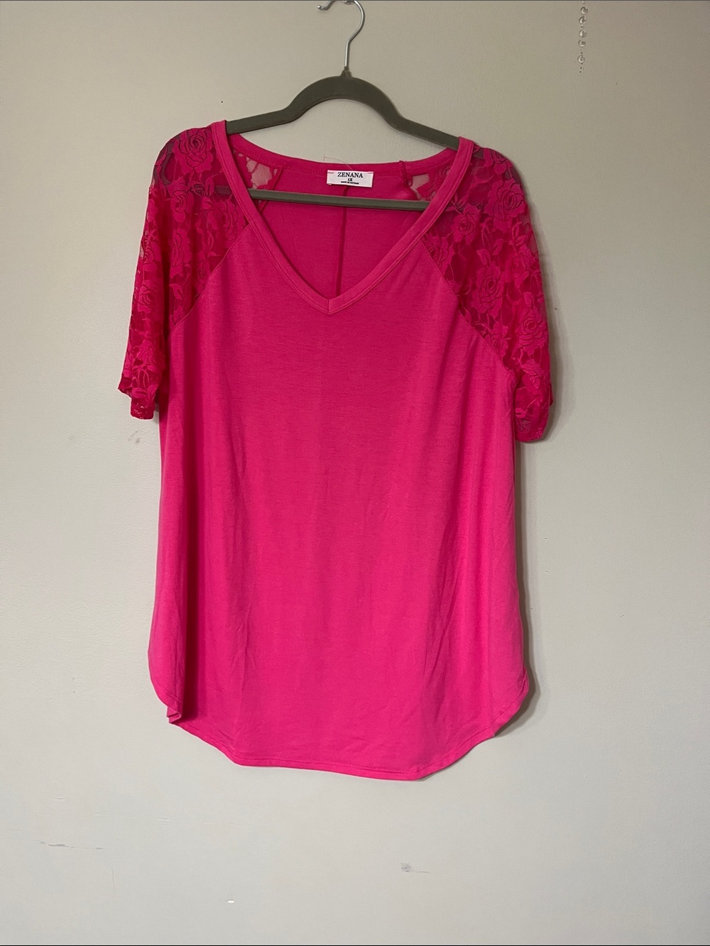 Zenana Outfitters Hot Pink V-Neck Lace Sleeve Tee